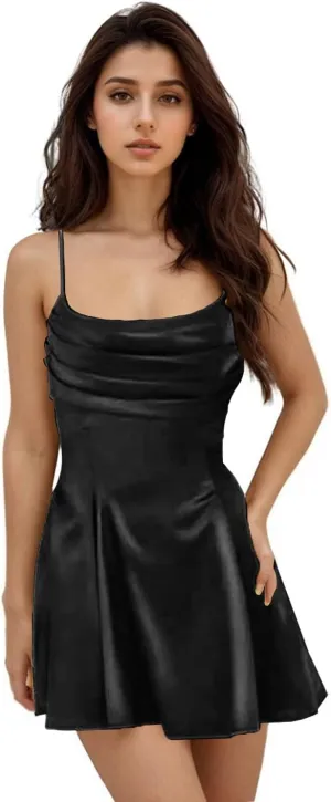 Spaghetti Straps Ruched Cowl Neck Satin Homecoming Dresses Short A Line Cocktail Mini Party Dress for Teens