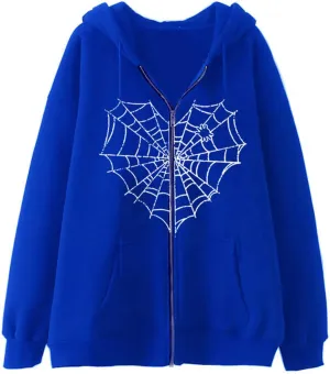 Spider Web Love Heart Hoodie Men Women, Full Zip Up Graphic Print Y2k Hoodies Oversized Jackets