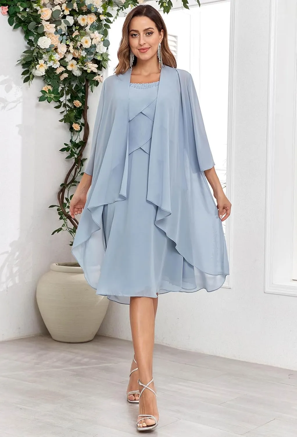 Sukleet Women's 2 Pieces Mother of The Bride Dresses with Jacket Ruffles Chiffon Short Formal Cocktail Dress