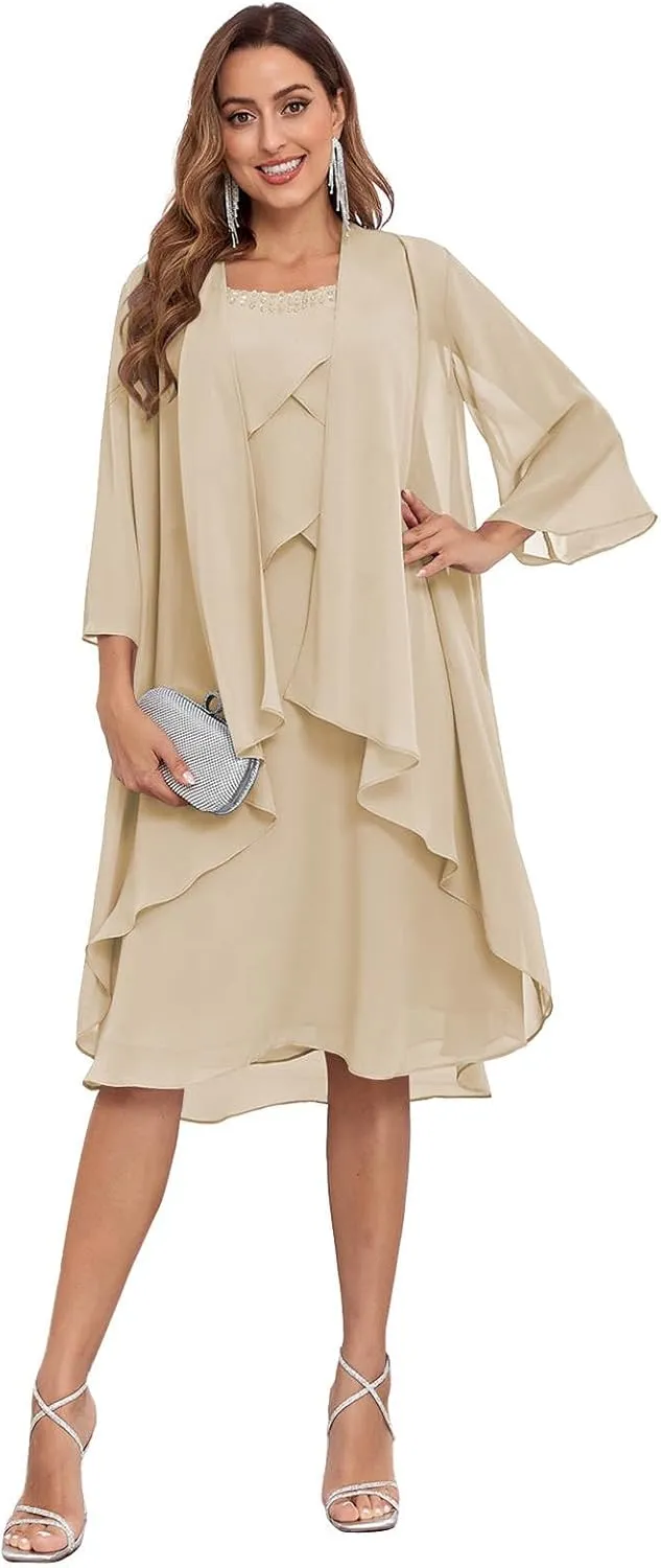 Sukleet Women's 2 Pieces Mother of The Bride Dresses with Jacket Ruffles Chiffon Short Formal Cocktail Dress
