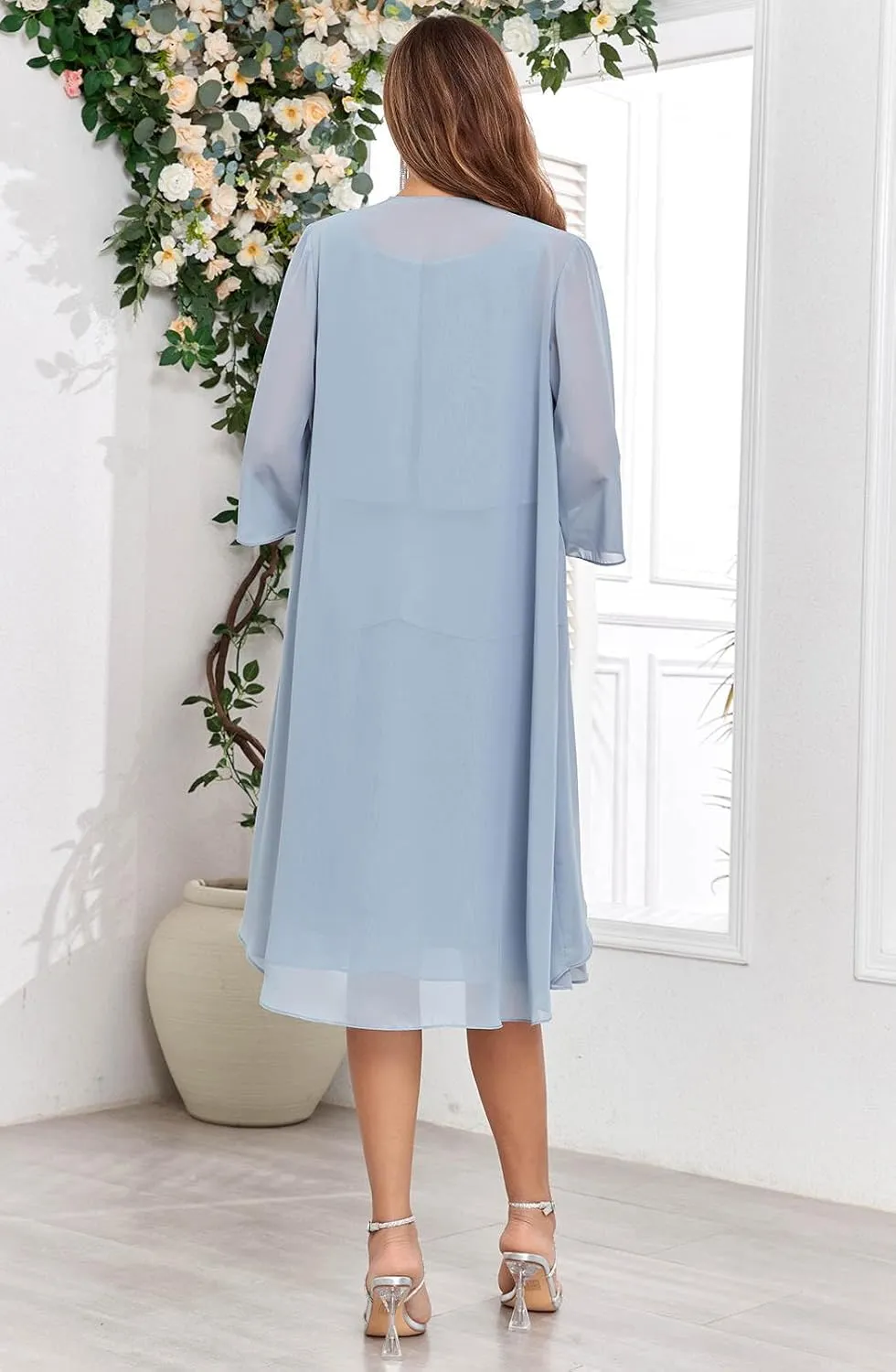 Sukleet Women's 2 Pieces Mother of The Bride Dresses with Jacket Ruffles Chiffon Short Formal Cocktail Dress