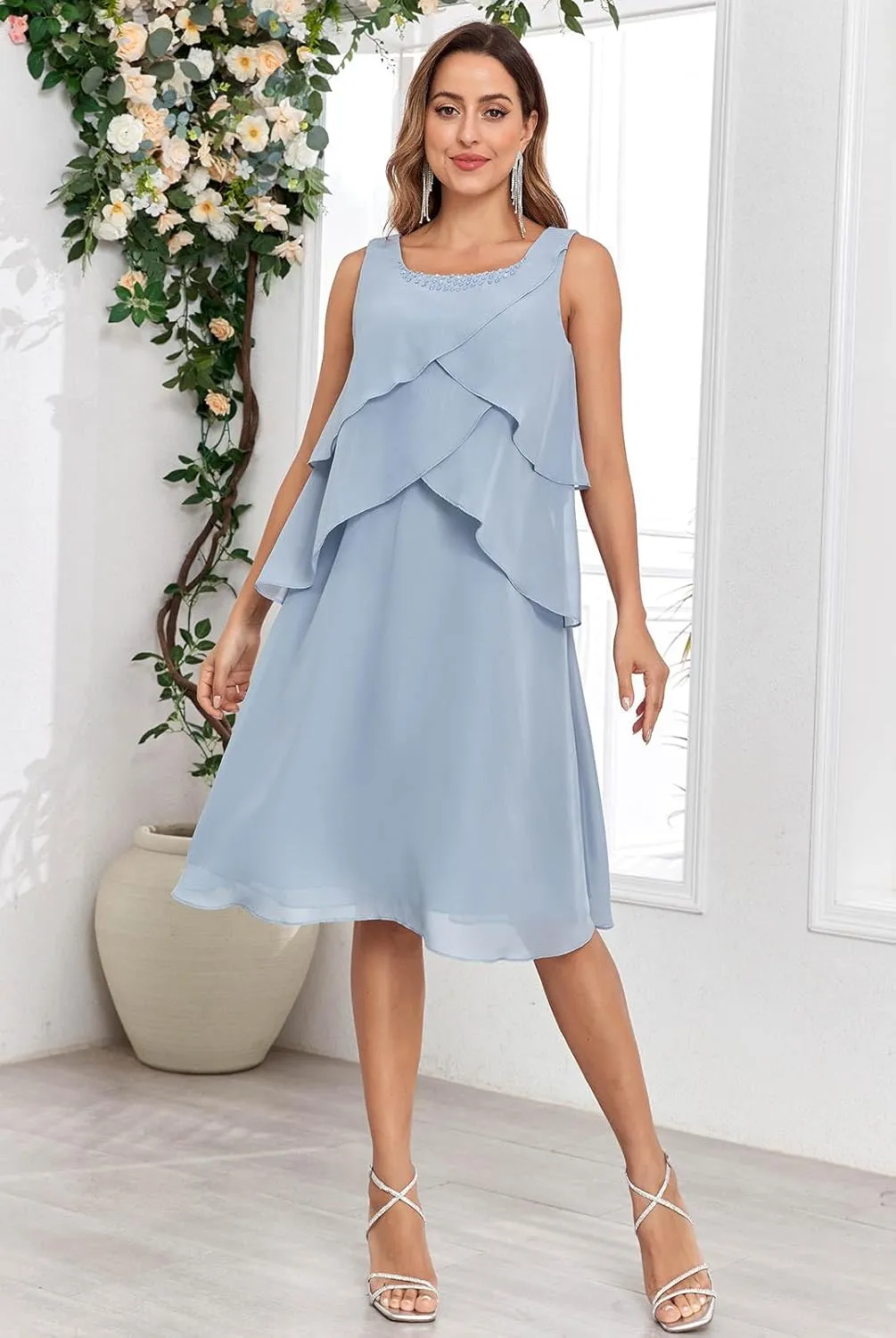 Sukleet Women's 2 Pieces Mother of The Bride Dresses with Jacket Ruffles Chiffon Short Formal Cocktail Dress