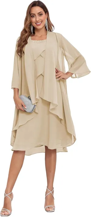 Sukleet Women's 2 Pieces Mother of The Bride Dresses with Jacket Ruffles Chiffon Short Formal Cocktail Dress