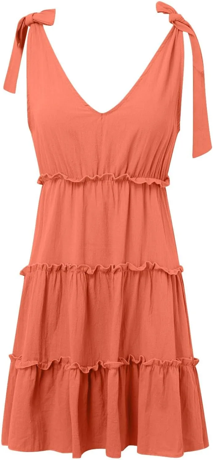 Summer Casual Dresses for Women 2025 V Neck Tank Dress Sleeveless Tie Shoulder Tiered Flowy Beach Mini Sundress