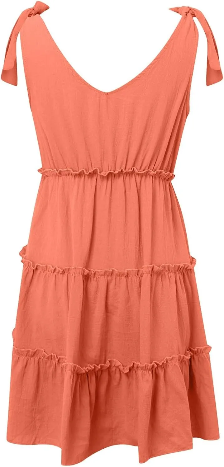 Summer Casual Dresses for Women 2025 V Neck Tank Dress Sleeveless Tie Shoulder Tiered Flowy Beach Mini Sundress