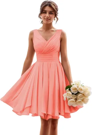 Summer Cocktail Dress Short Chiffon Mini Sundress Sleeveless V-Neck Casual Beach Dress