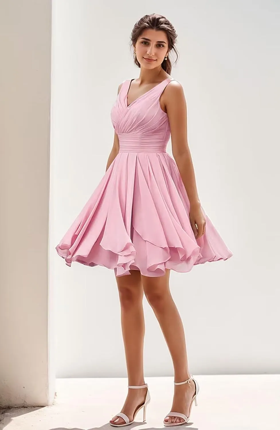 Summer Cocktail Dress Short Chiffon Mini Sundress Sleeveless V-Neck Casual Beach Dress
