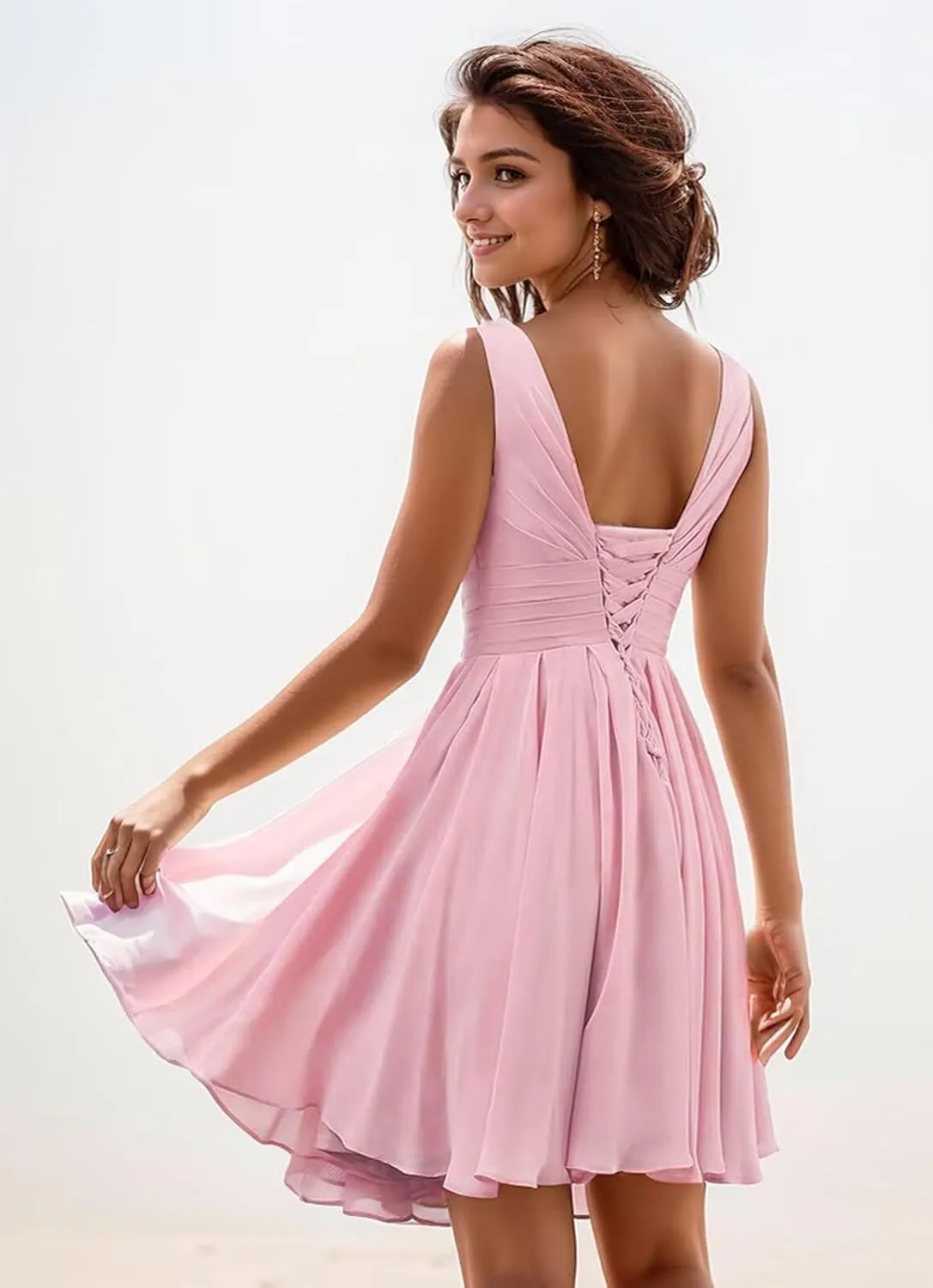 Summer Cocktail Dress Short Chiffon Mini Sundress Sleeveless V-Neck Casual Beach Dress