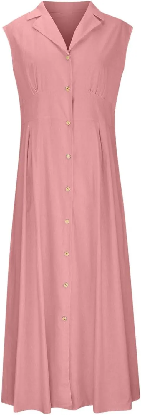 Summer Dreses for Women 2025 Casual Sleeveless Linen Maxi Dress Button Down V Neck Tank Dress Beach Long Sundress