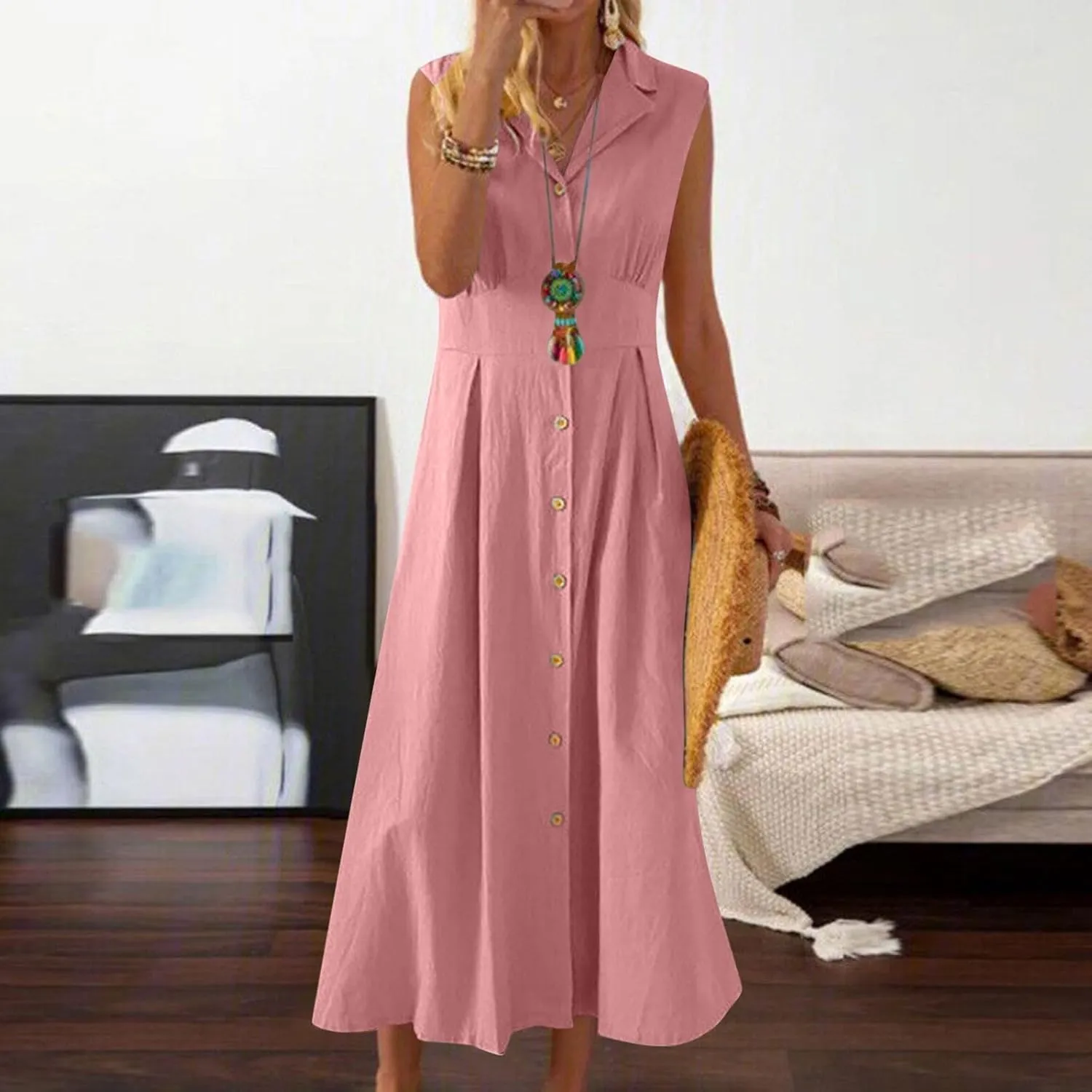 Summer Dreses for Women 2025 Casual Sleeveless Linen Maxi Dress Button Down V Neck Tank Dress Beach Long Sundress