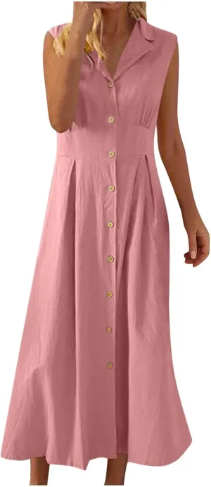 Summer Dreses for Women 2025 Casual Sleeveless Linen Maxi Dress Button Down V Neck Tank Dress Beach Long Sundress