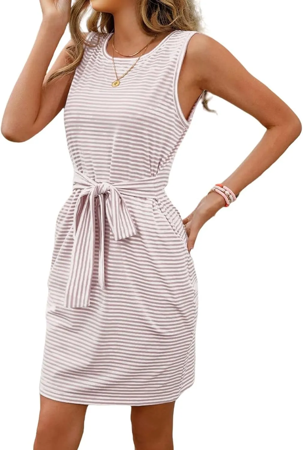 Summer Dress for Women Fashion Striped Sleeveless T Shirt Dress Casual Crew Neck Tie Waist Mini Dresses Party Dresses