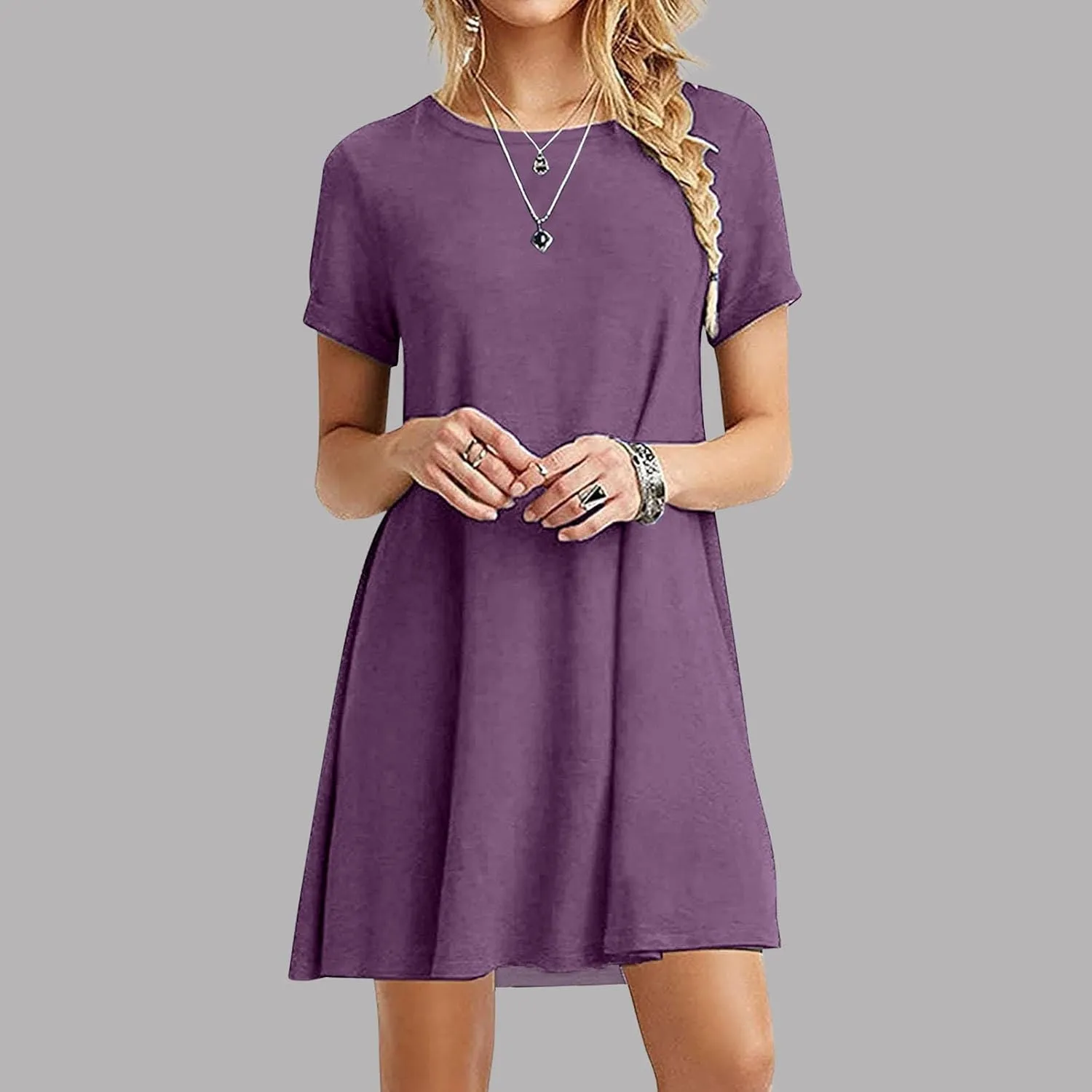 Summer Dresses for Women 2025 Short Sleeve Round Neck Casual Tshirt Dress Loose Solid Color Comfy Mini Dresses