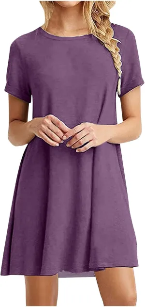 Summer Dresses for Women 2025 Short Sleeve Round Neck Casual Tshirt Dress Loose Solid Color Comfy Mini Dresses