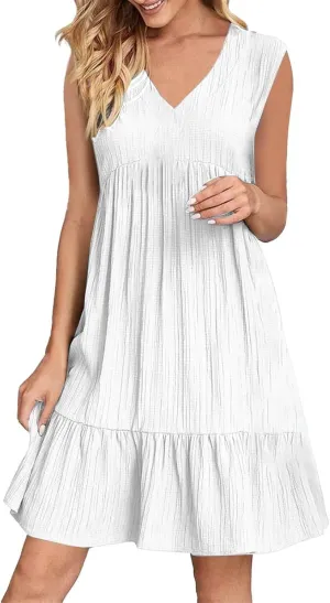 Summer Dresses for Women 2025 Sleeveless v Neck Mini Shirt Dress Casual Pleated Boho Ruffle A Line Swing Sundresses