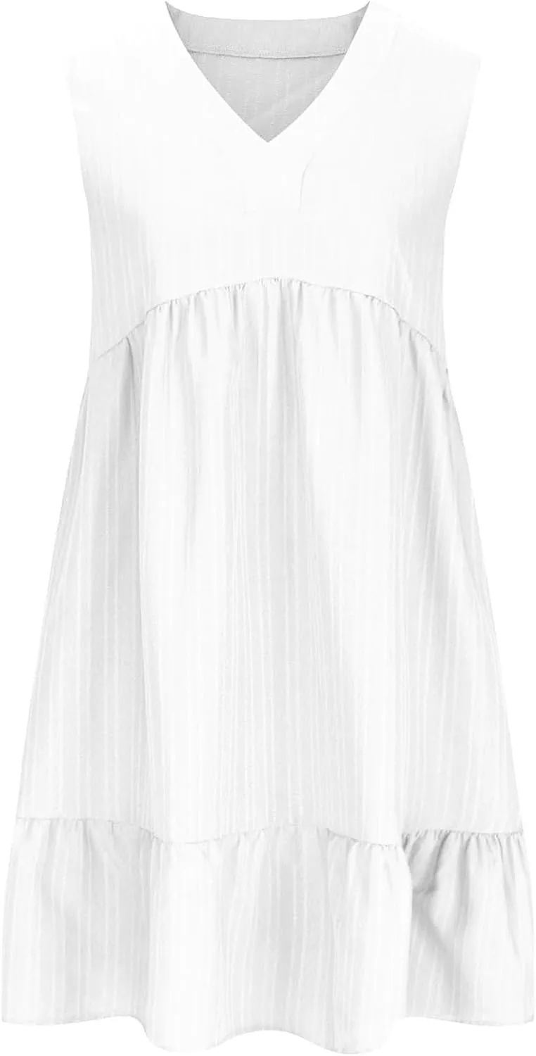 Summer Dresses for Women 2025 Sleeveless v Neck Mini Shirt Dress Casual Pleated Boho Ruffle A Line Swing Sundresses