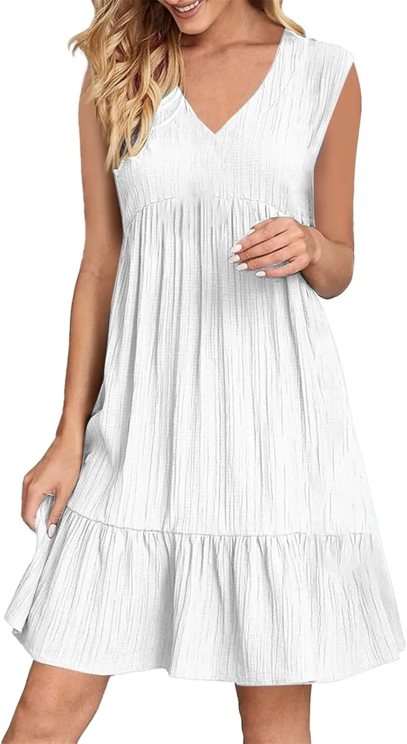 Summer Dresses for Women 2025 Sleeveless v Neck Mini Shirt Dress Casual Pleated Boho Ruffle A Line Swing Sundresses
