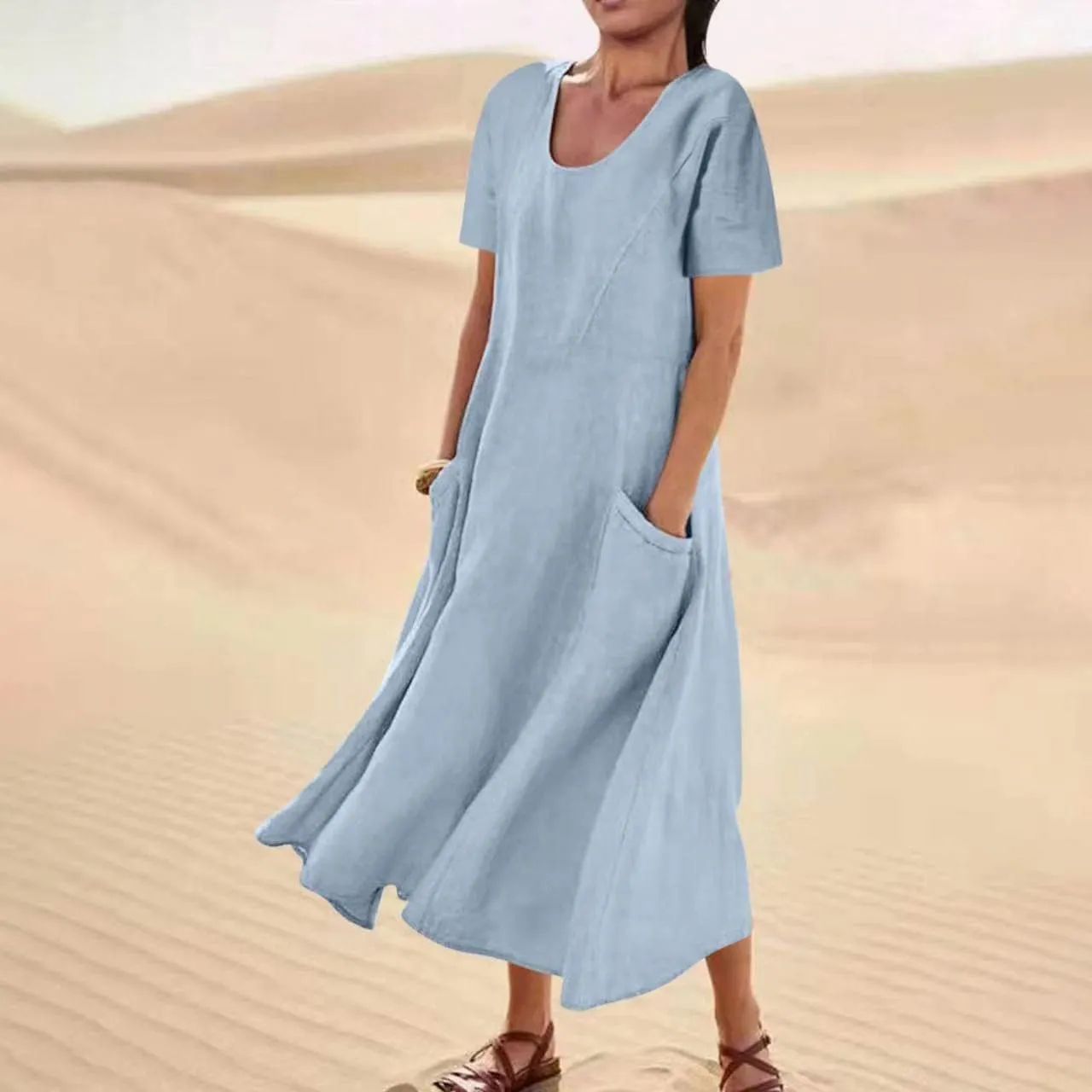 Summer Dresses for Women 2025 Vacation Trendy Short Sleeve Scoop Neck Cotton Linen Dress Loose Flowy Beach Sundress
