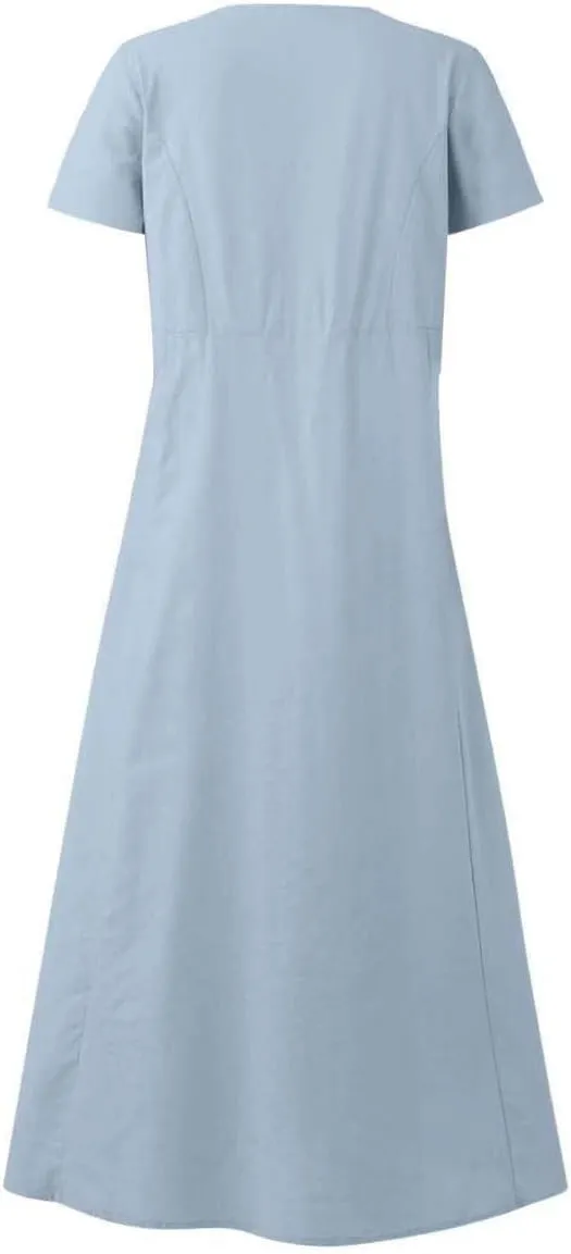Summer Dresses for Women 2025 Vacation Trendy Short Sleeve Scoop Neck Cotton Linen Dress Loose Flowy Beach Sundress