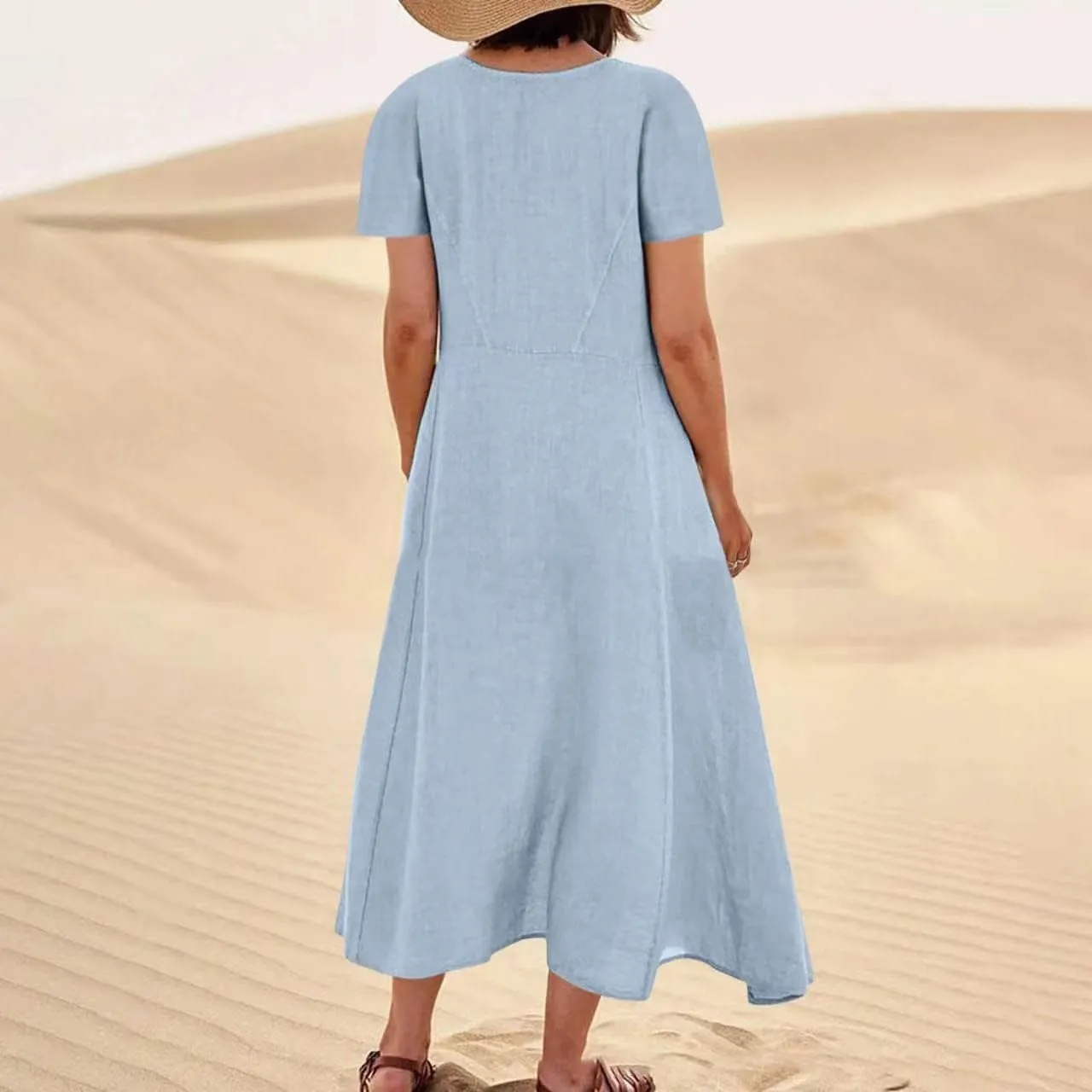 Summer Dresses for Women 2025 Vacation Trendy Short Sleeve Scoop Neck Cotton Linen Dress Loose Flowy Beach Sundress