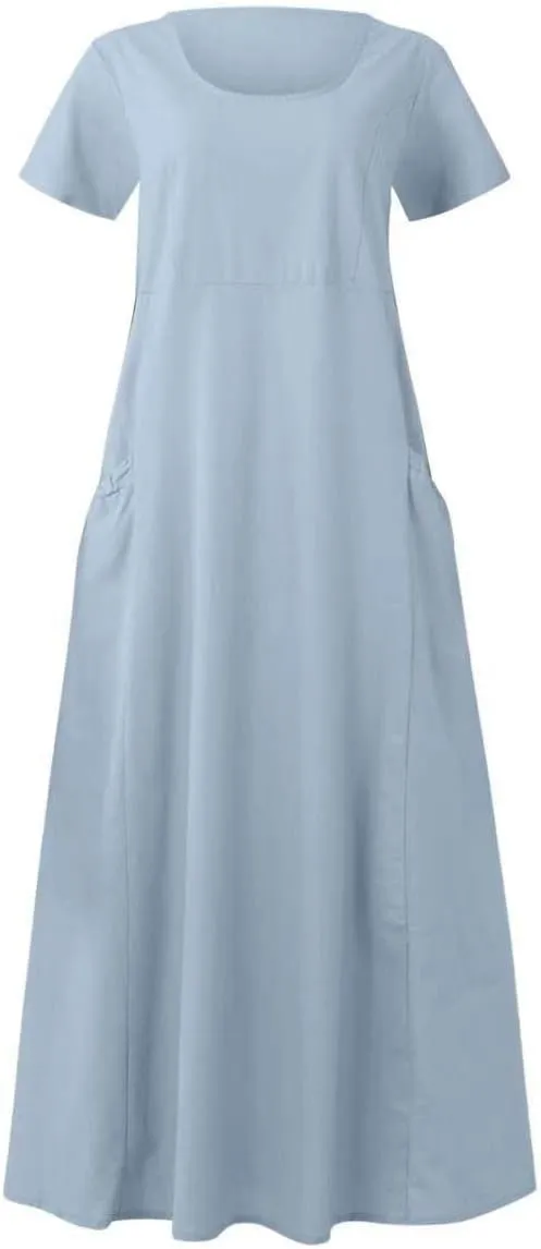 Summer Dresses for Women 2025 Vacation Trendy Short Sleeve Scoop Neck Cotton Linen Dress Loose Flowy Beach Sundress