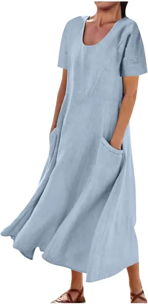 Summer Dresses for Women 2025 Vacation Trendy Short Sleeve Scoop Neck Cotton Linen Dress Loose Flowy Beach Sundress