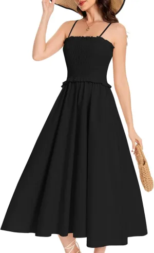 Summer Maxi Dress, 2025 Sleeveless Sundress Cotton Strap Smocked A Line Beach Dresses for Women Black XL