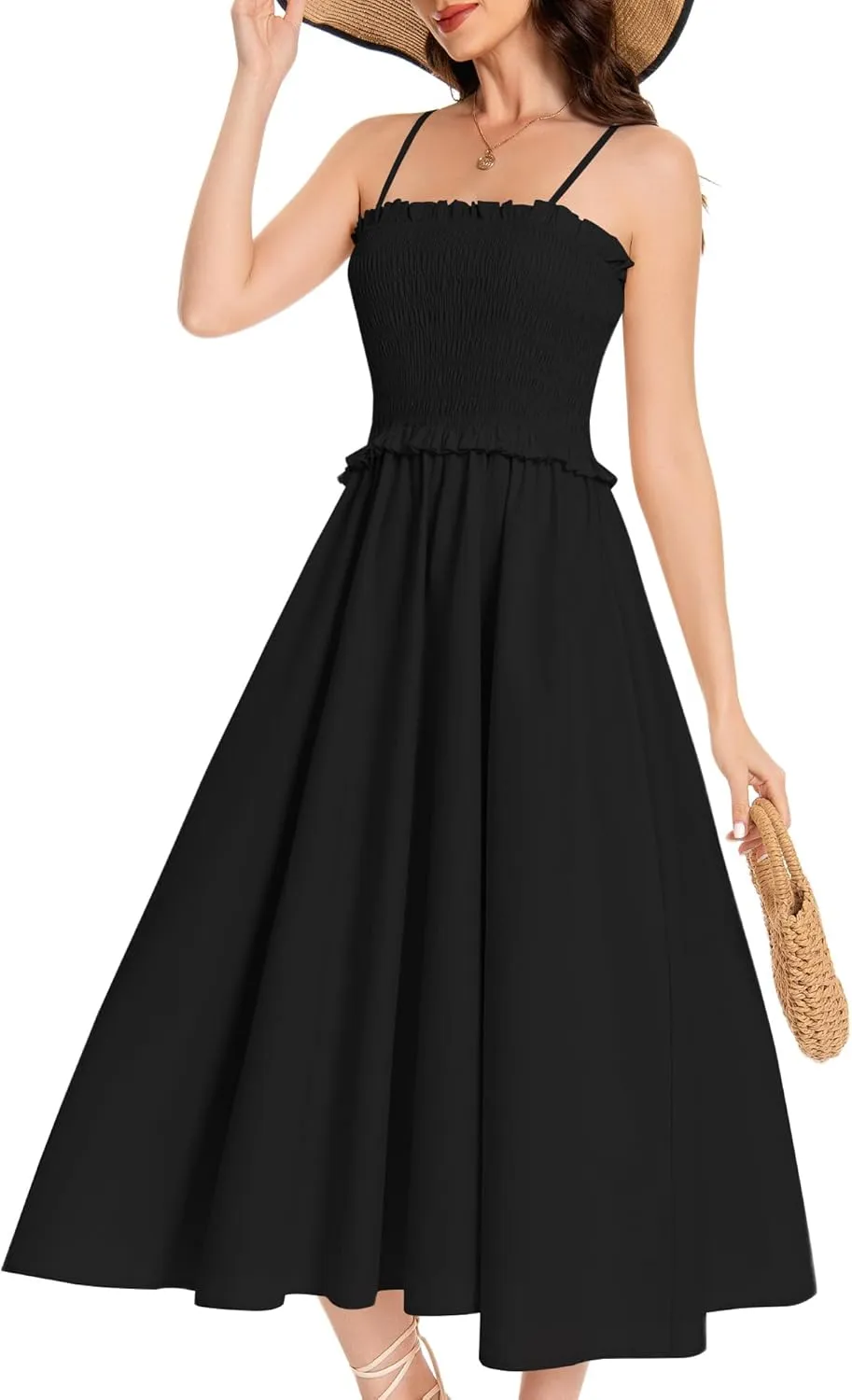 Summer Maxi Dress, 2025 Sleeveless Sundress Cotton Strap Smocked A Line Beach Dresses for Women Black XL