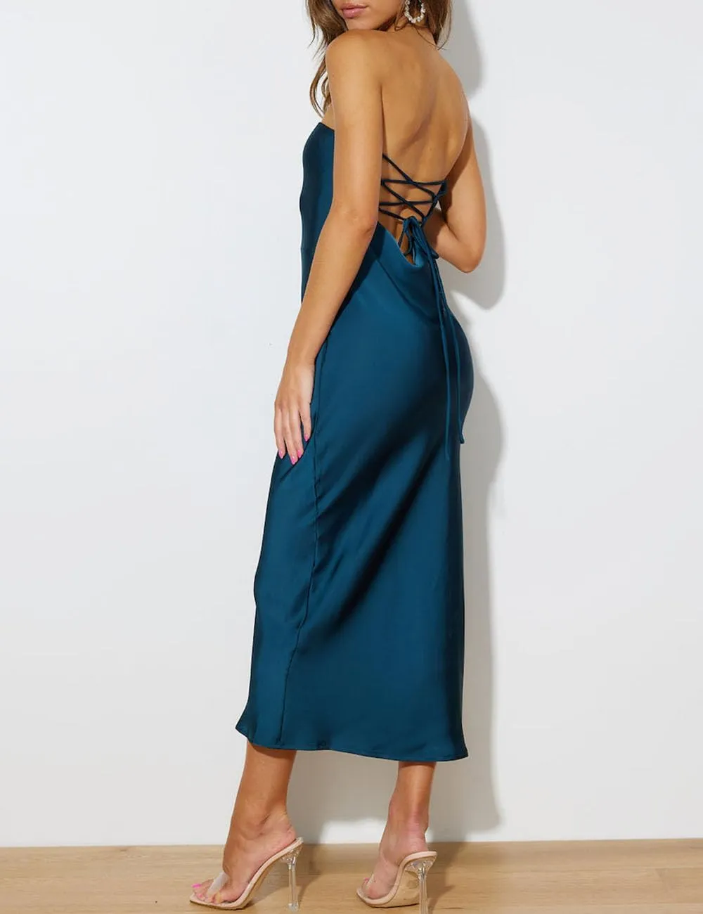 Summer Satin Strapless Backless Wedding Guest Midi Dress for Women Elegant Tube Top Sleeveless Tie Back Maxi Dresses