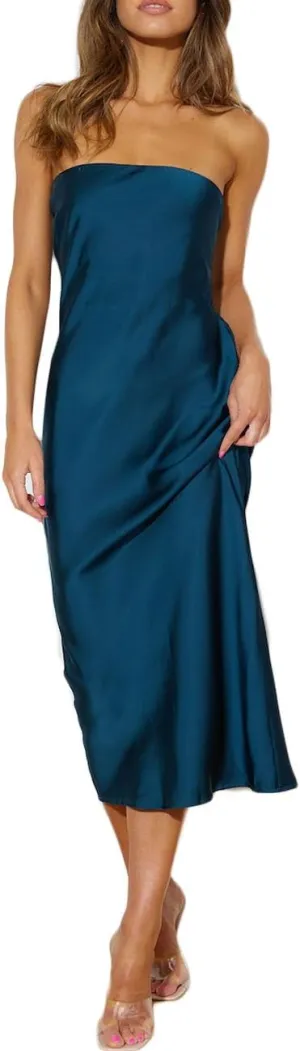 Summer Satin Strapless Backless Wedding Guest Midi Dress for Women Elegant Tube Top Sleeveless Tie Back Maxi Dresses