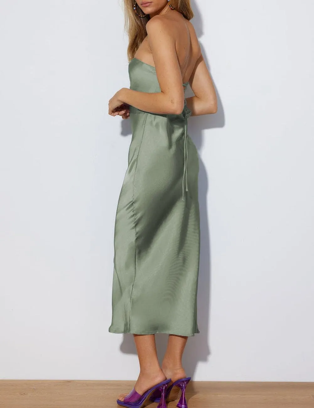 Summer Satin Strapless Backless Wedding Guest Midi Dress for Women Elegant Tube Top Sleeveless Tie Back Maxi Dresses