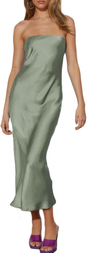 Summer Satin Strapless Backless Wedding Guest Midi Dress for Women Elegant Tube Top Sleeveless Tie Back Maxi Dresses