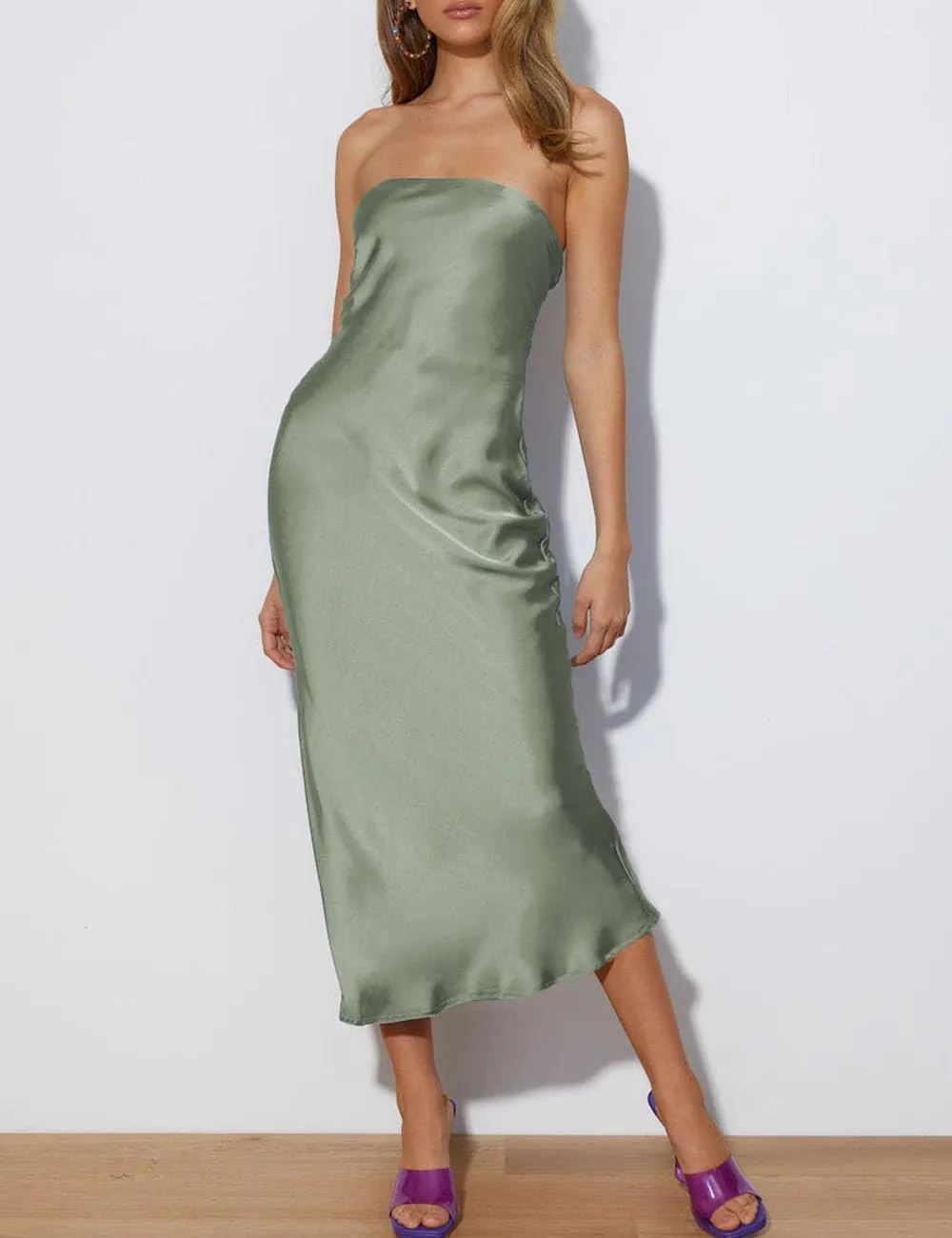 Summer Satin Strapless Backless Wedding Guest Midi Dress for Women Elegant Tube Top Sleeveless Tie Back Maxi Dresses
