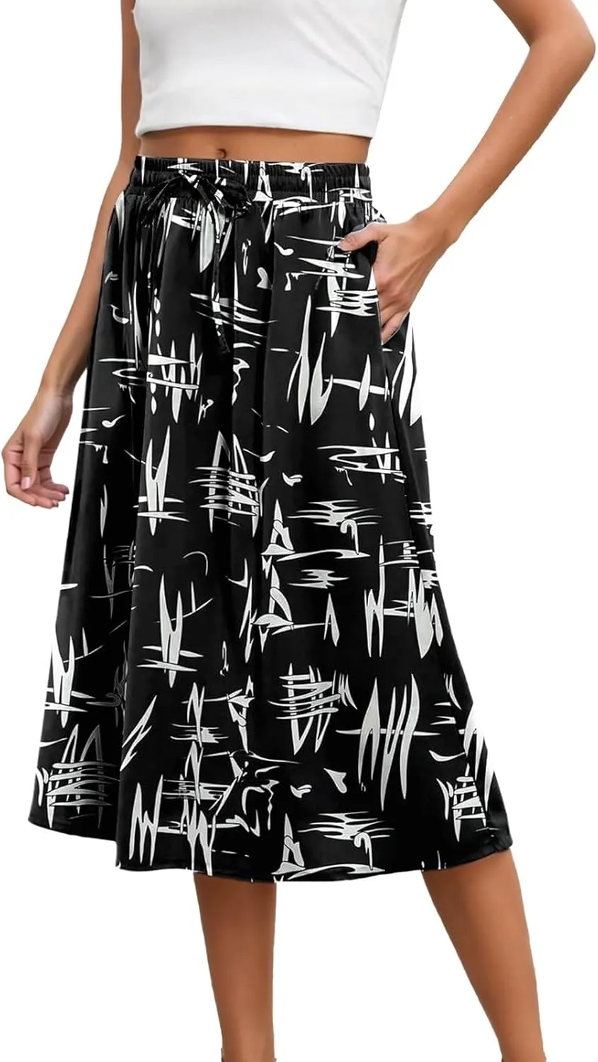Summer Vacation Skirts for Women Boho Elastic High Waist Floral Print Skorts Pleated Ruffle Beach Vacation Flowy Skirts