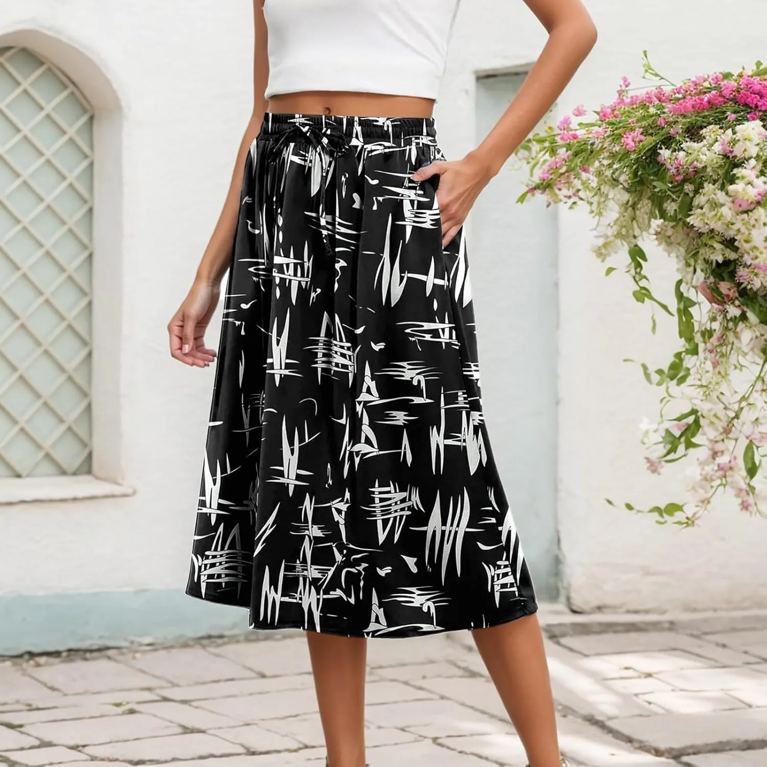 Summer Vacation Skirts for Women Boho Elastic High Waist Floral Print Skorts Pleated Ruffle Beach Vacation Flowy Skirts