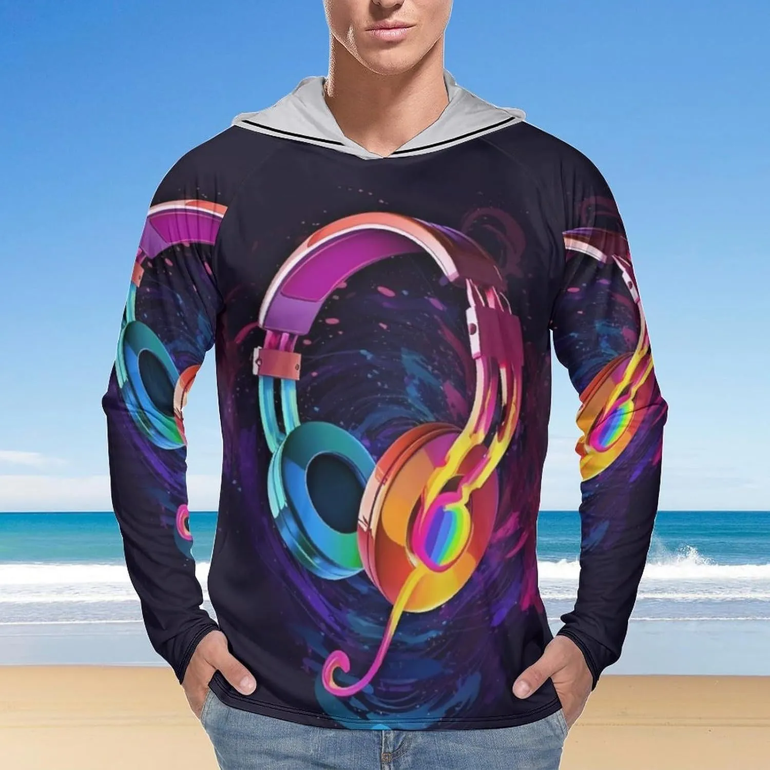 Sun Protection Shirt Long Sleeve Hoodie Color Gradient Music Lightweight Rash Guard Quick Dry Sun Shirt for Outdoor