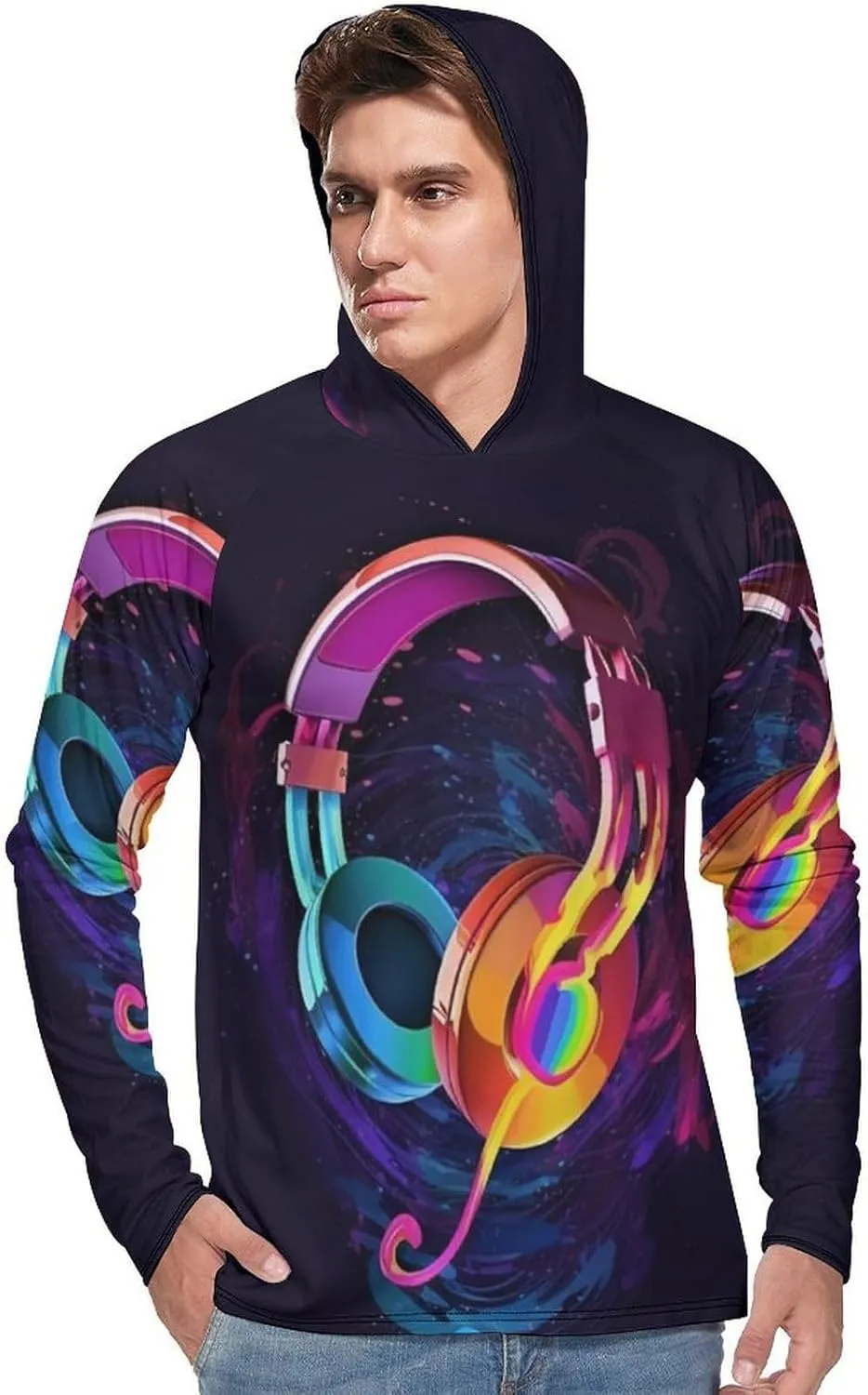 Sun Protection Shirt Long Sleeve Hoodie Color Gradient Music Lightweight Rash Guard Quick Dry Sun Shirt for Outdoor