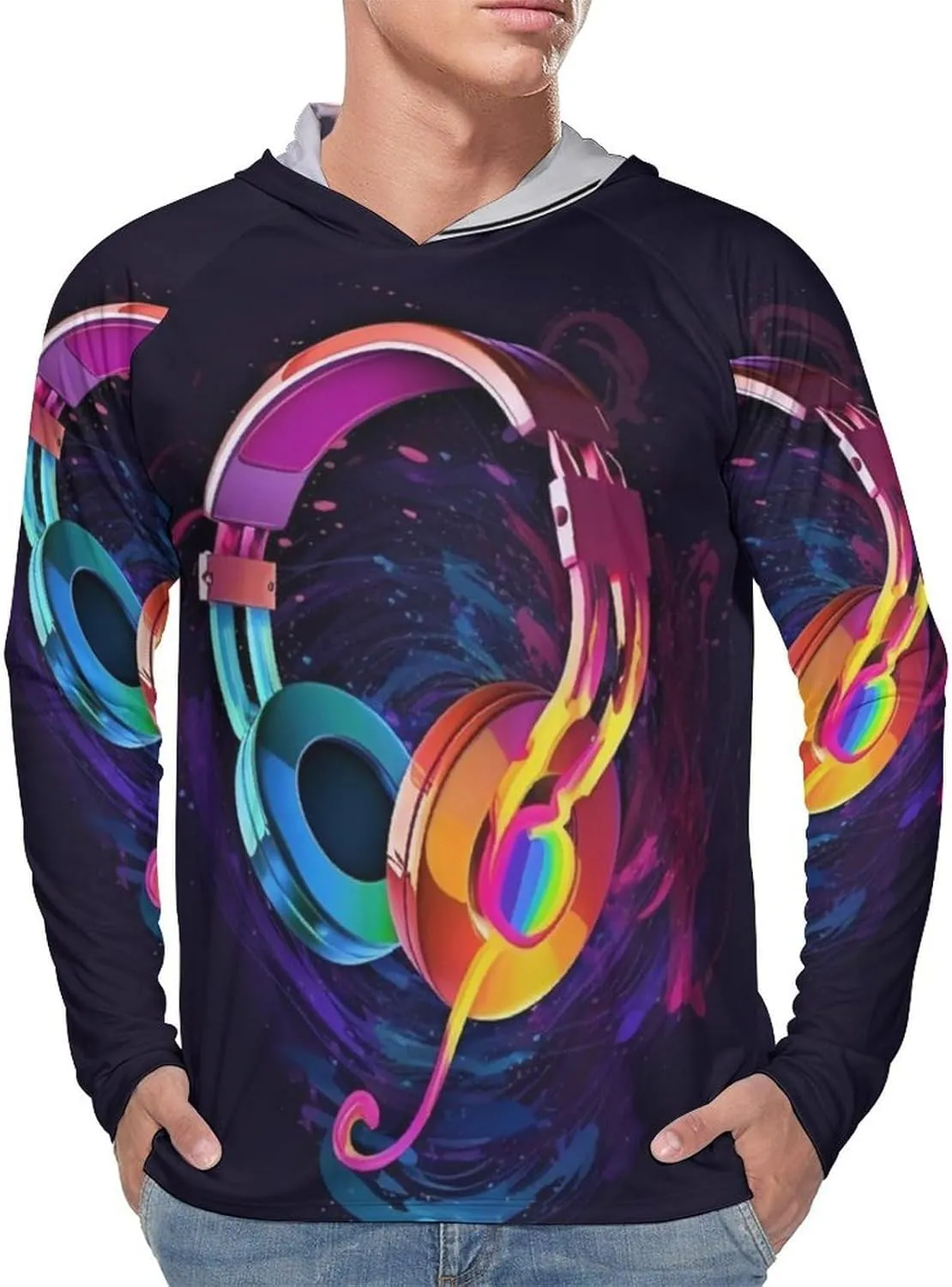Sun Protection Shirt Long Sleeve Hoodie Color Gradient Music Lightweight Rash Guard Quick Dry Sun Shirt for Outdoor