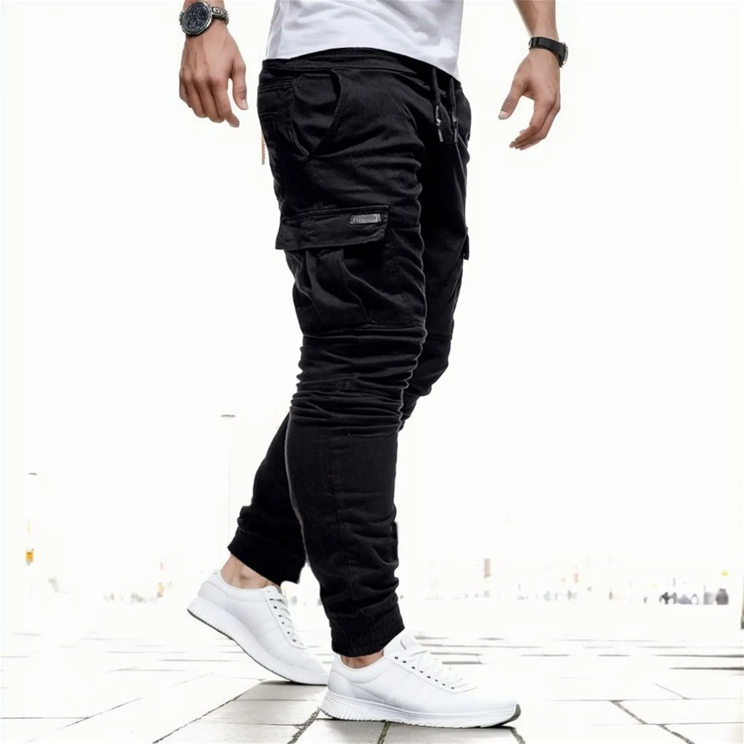Sweatpants for Men Fashion Personalized Casual Solid Color Tie Multi-Pocket Drawstring Cargo Pants Trousers
