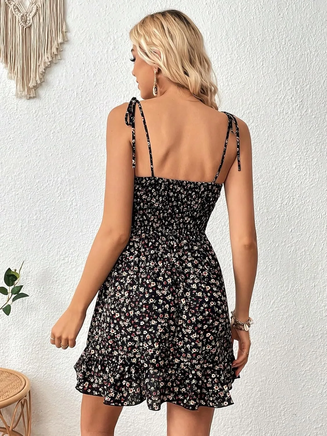 SweatyRocks Women's Boho Floral Print Tie Shoulder Cami Mini Dress A Line Ruffle Hem Short Dresses