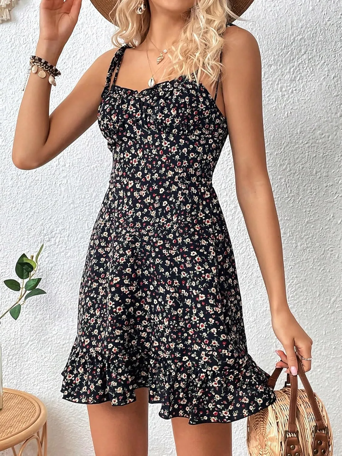 SweatyRocks Women's Boho Floral Print Tie Shoulder Cami Mini Dress A Line Ruffle Hem Short Dresses