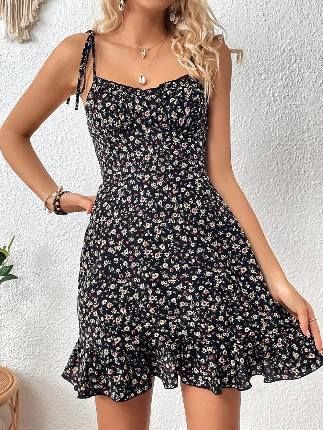 SweatyRocks Women's Boho Floral Print Tie Shoulder Cami Mini Dress A Line Ruffle Hem Short Dresses