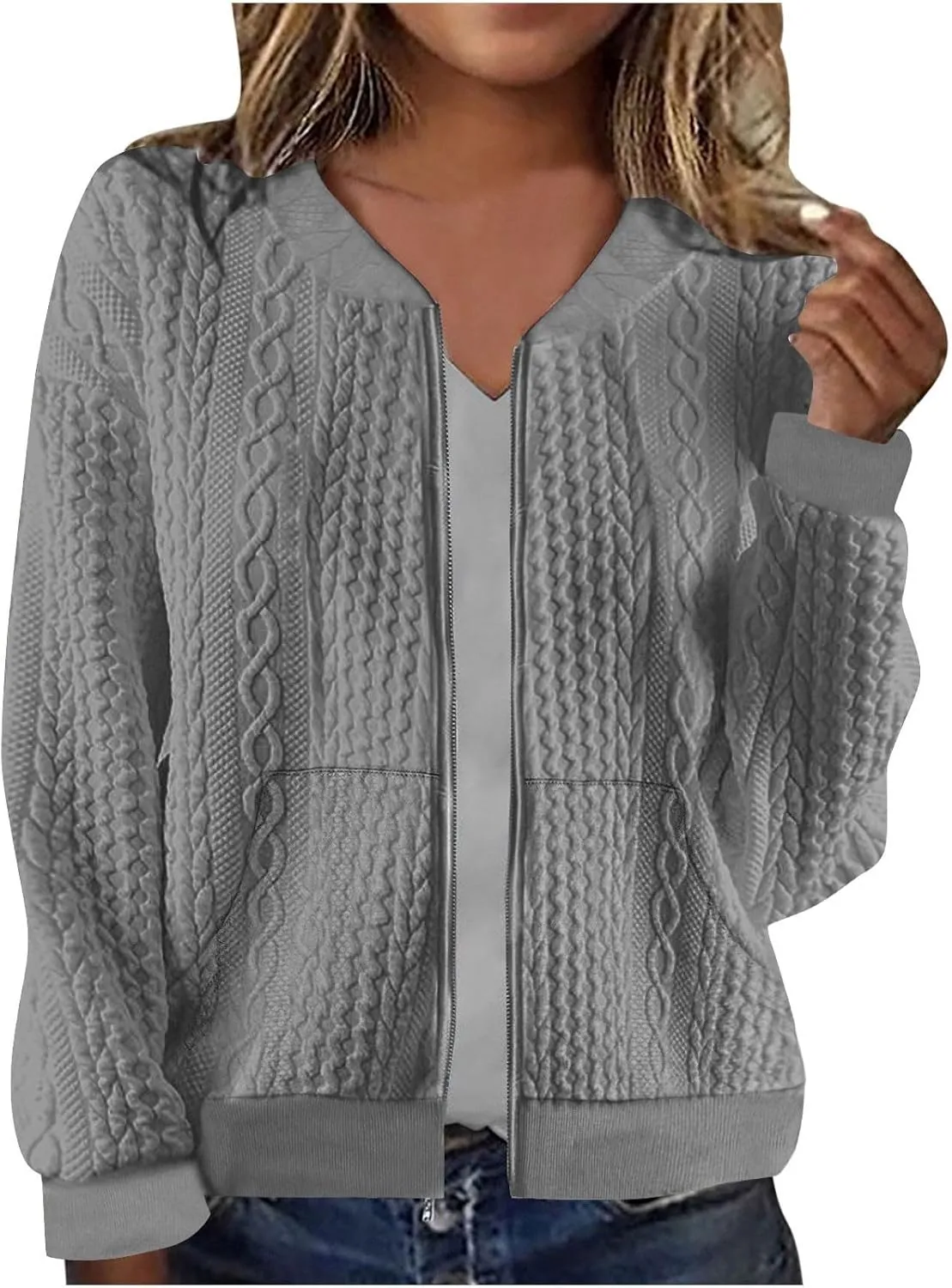 TANGNADE Women's Oversized Zip Up Sweatshirts Sweater Fall Outfits Casual Loose Knit Jackets with Pocket Cardigan Blouse