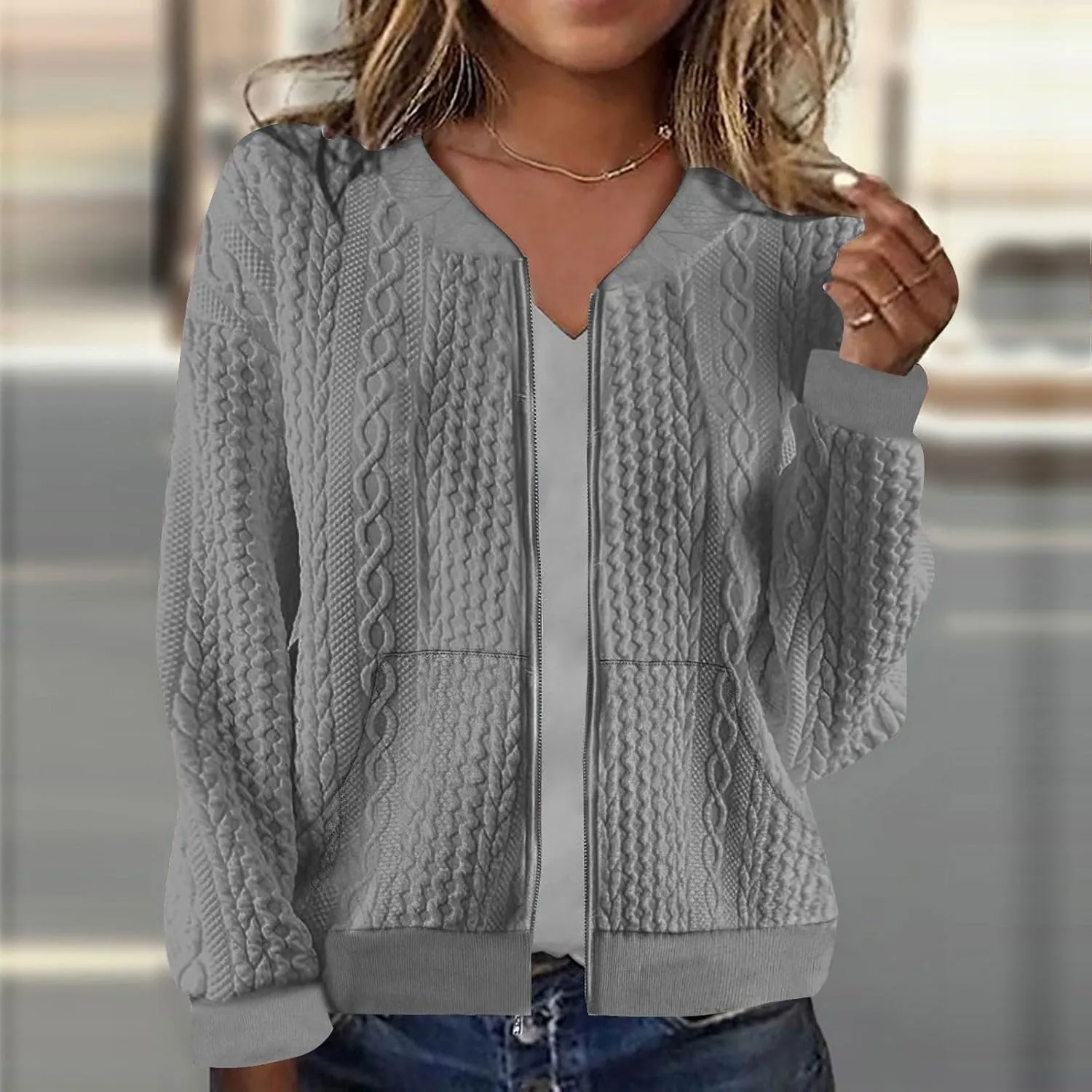 TANGNADE Women's Oversized Zip Up Sweatshirts Sweater Fall Outfits Casual Loose Knit Jackets with Pocket Cardigan Blouse