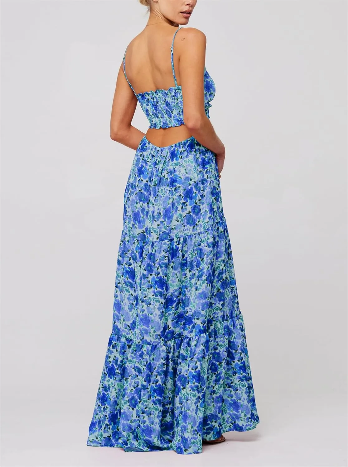 Thopavenoir Women's Boho Tie-up Front Maxi Dress Y2k Floral Print Sleeveless Long Dresses 2025 Smocked Summer Beach Sundress