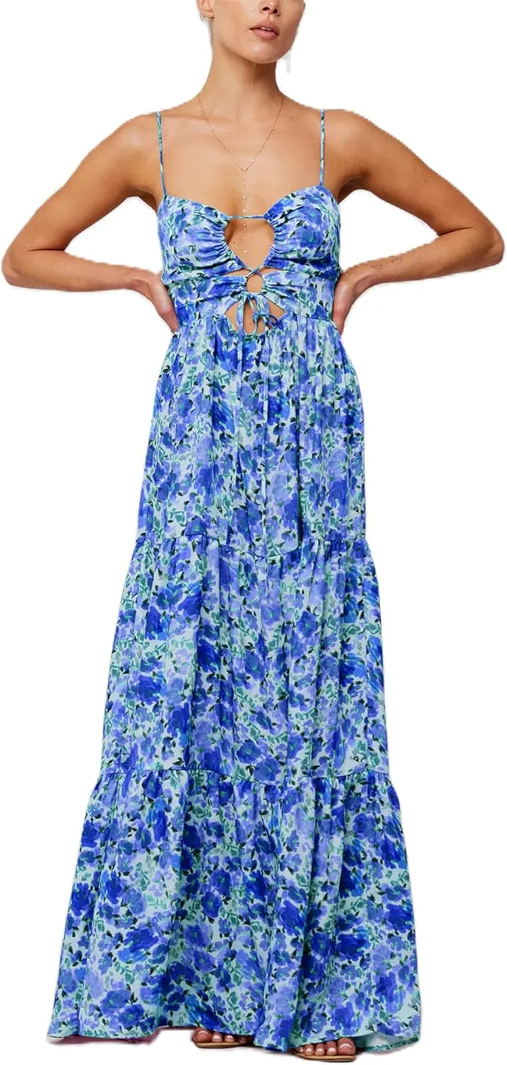 Thopavenoir Women's Boho Tie-up Front Maxi Dress Y2k Floral Print Sleeveless Long Dresses 2025 Smocked Summer Beach Sundress