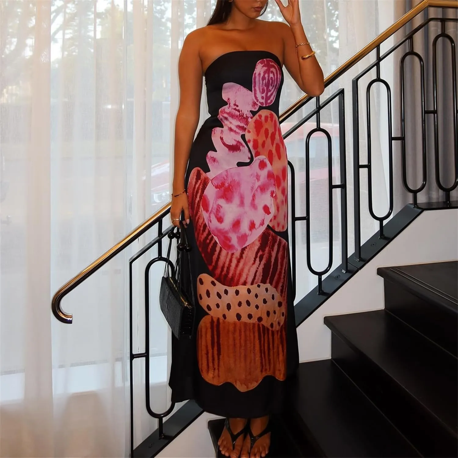 Thopavenoir Women's Strapless Floral Print Maxi Dress Chiffon Layered Tiered Tube Dresses Boho Baggy Swing Beach Sundresses