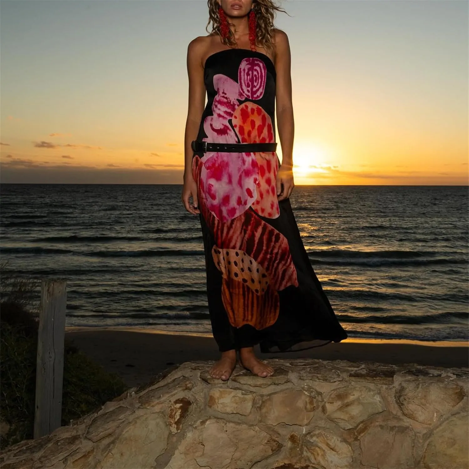Thopavenoir Women's Strapless Floral Print Maxi Dress Chiffon Layered Tiered Tube Dresses Boho Baggy Swing Beach Sundresses