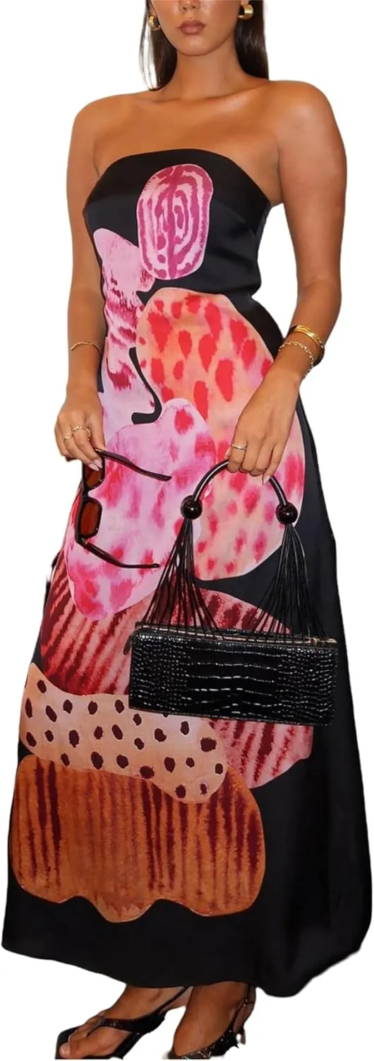 Thopavenoir Women's Strapless Floral Print Maxi Dress Chiffon Layered Tiered Tube Dresses Boho Baggy Swing Beach Sundresses