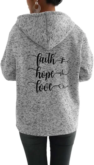 TIAFORD Womens Blessed Jesus Cross Christian Faith Print Hoodie Oversized Long Sleeve Drawstring Zip Up Sweatshirt Jackets